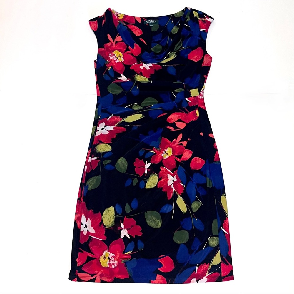 Ralph Lauren Floral Print Cowl Neck Ruched Jersey Knit Dress Size 12 Black Red